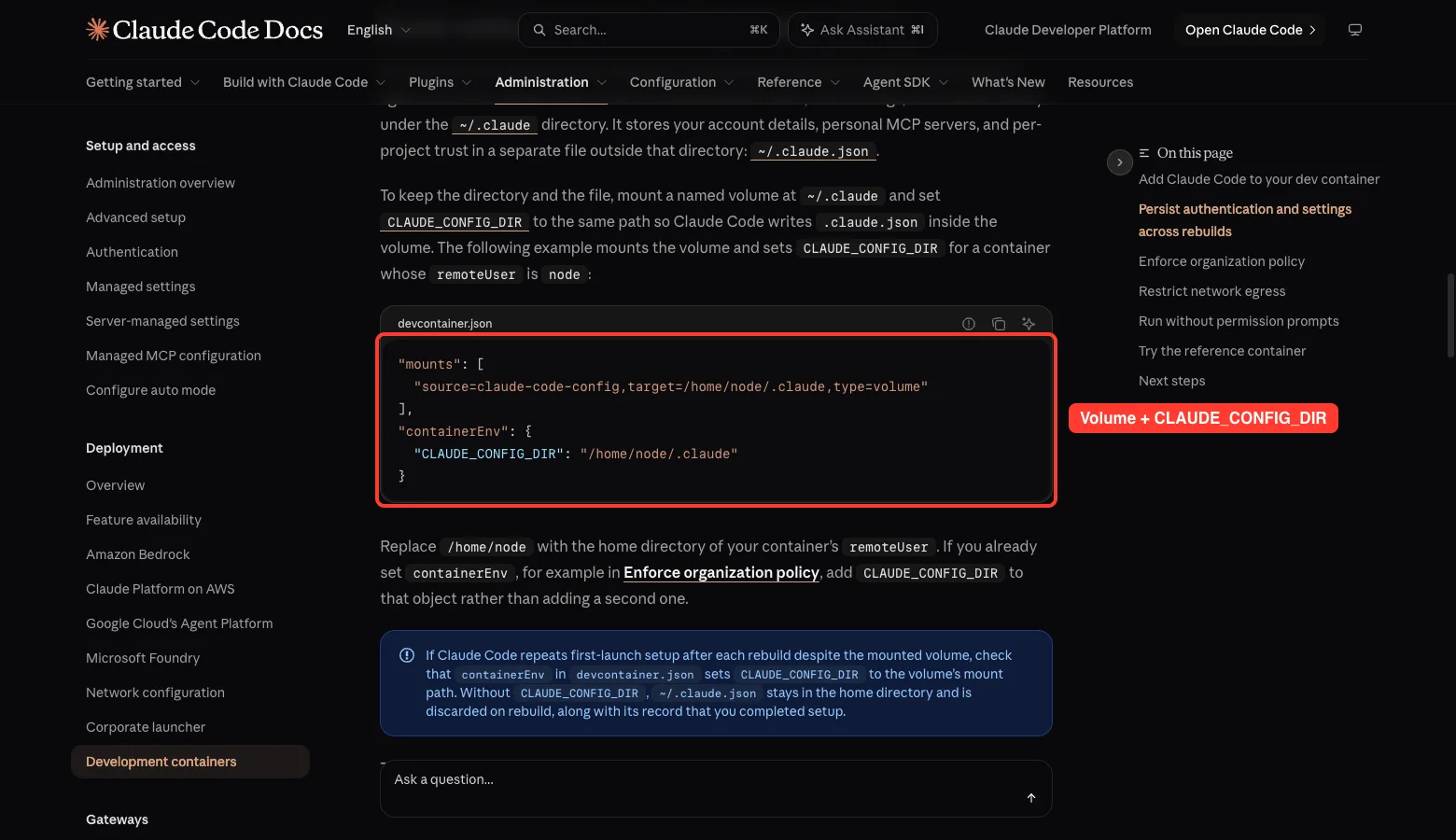 Claude Code docs showing the mounts and containerEnv example with CLAUDE_CONFIG_DIR highlighted in red