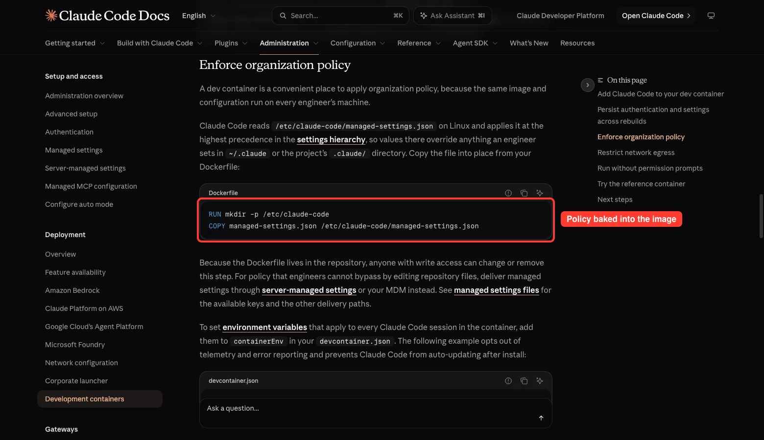 Claude Code docs showing the Dockerfile lines that copy managed-settings.json into /etc/claude-code, highlighted in red