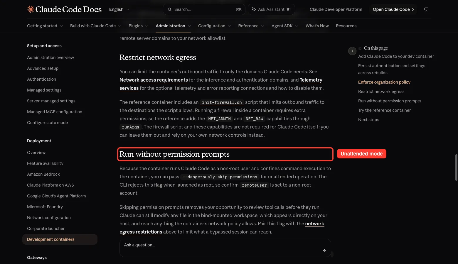Claude Code docs section titled Run without permission prompts, highlighted in red