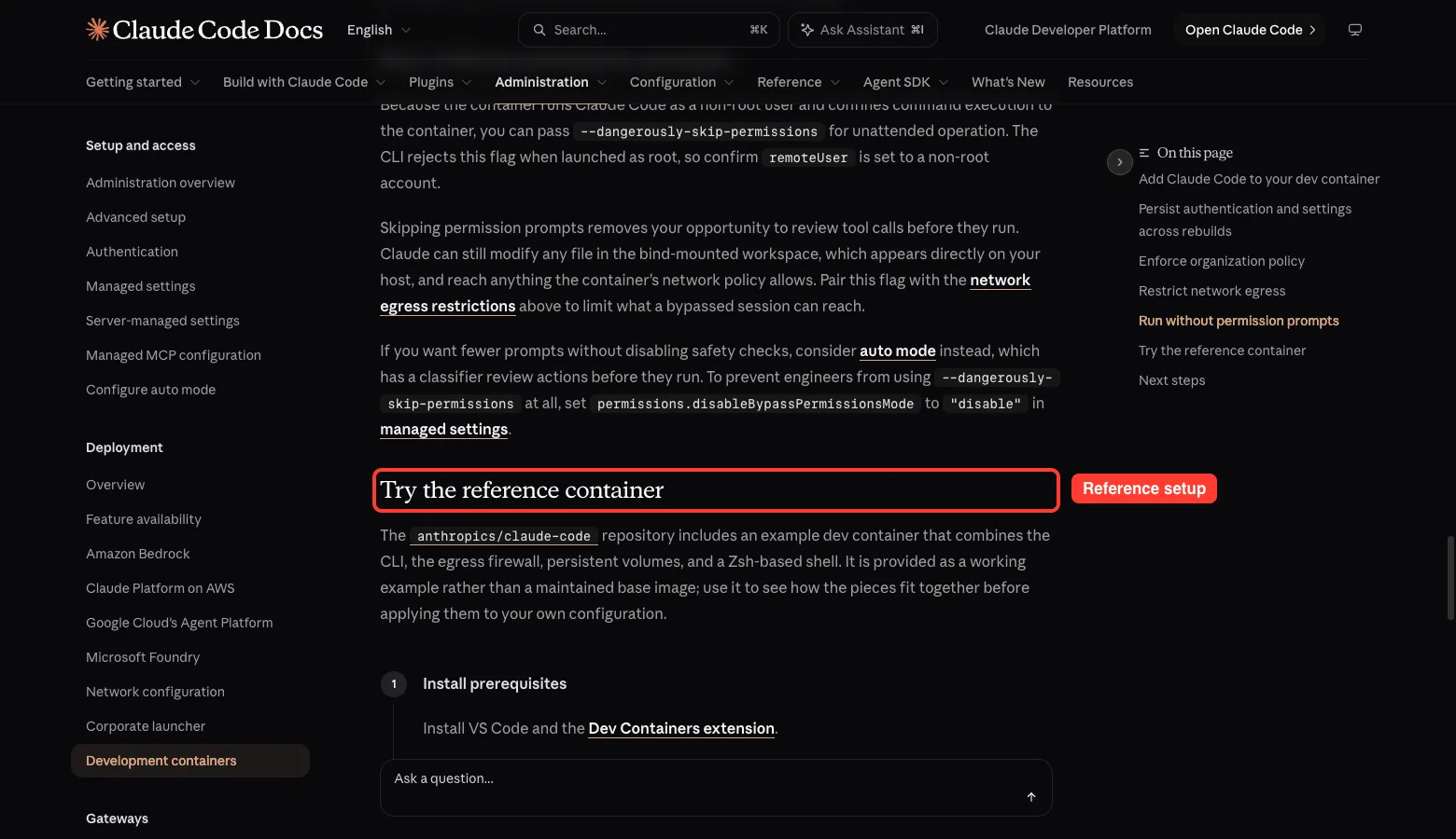 Claude Code docs section Try the reference container highlighted in red