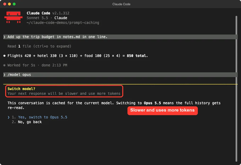 Claude Code asking Switch model? with a warning that the next response will be slower and use more tokens