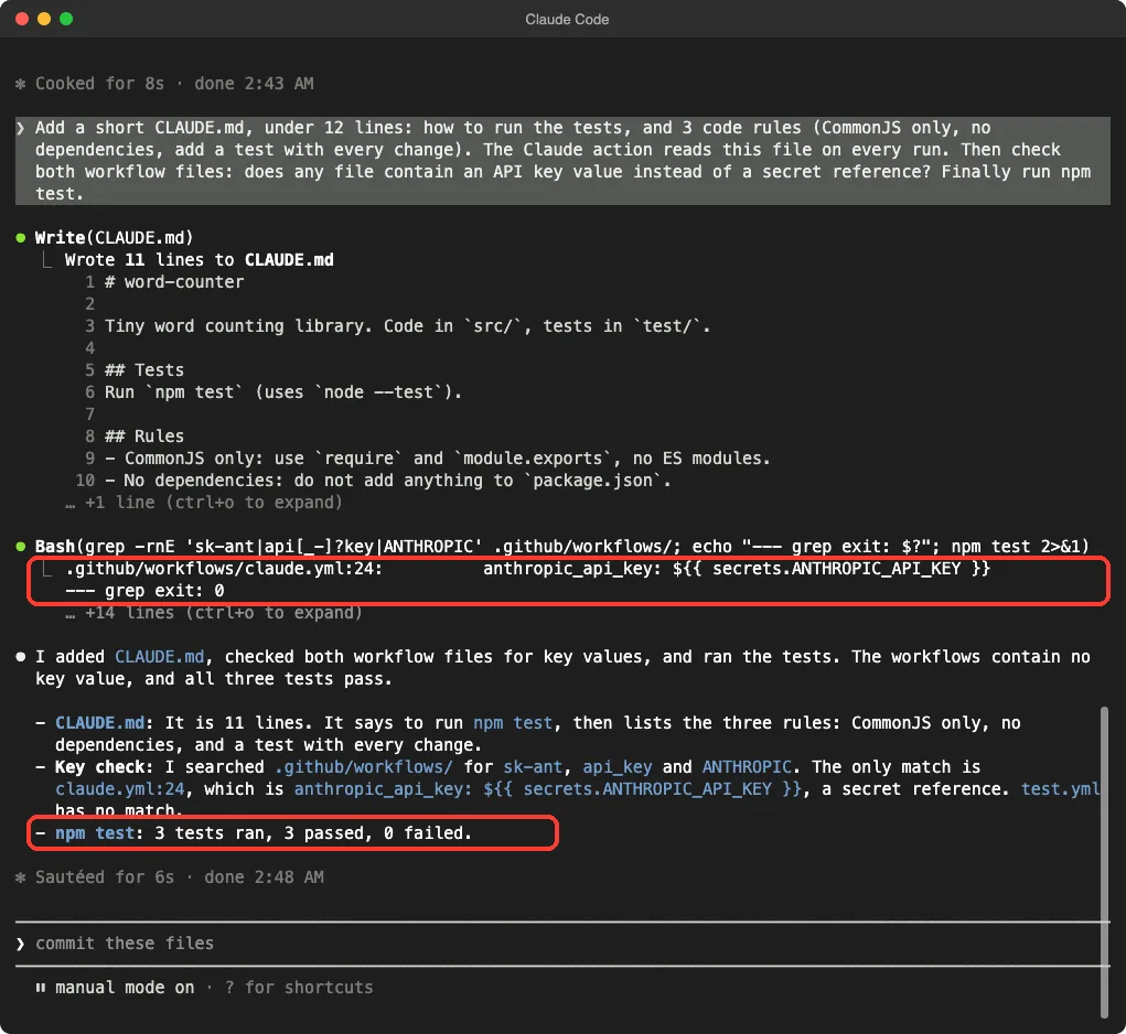 Claude Code showing the new CLAUDE.md, a grep search where the only match is a secret reference, and three passing tests, with both results highlighted