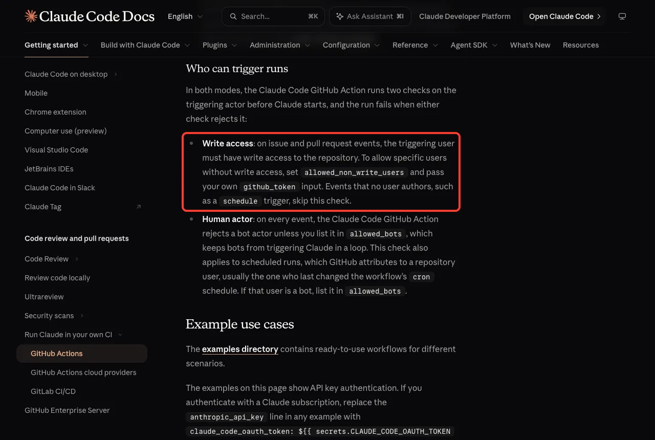 Anthropic documentation section Who can trigger runs with the Write access rule highlighted