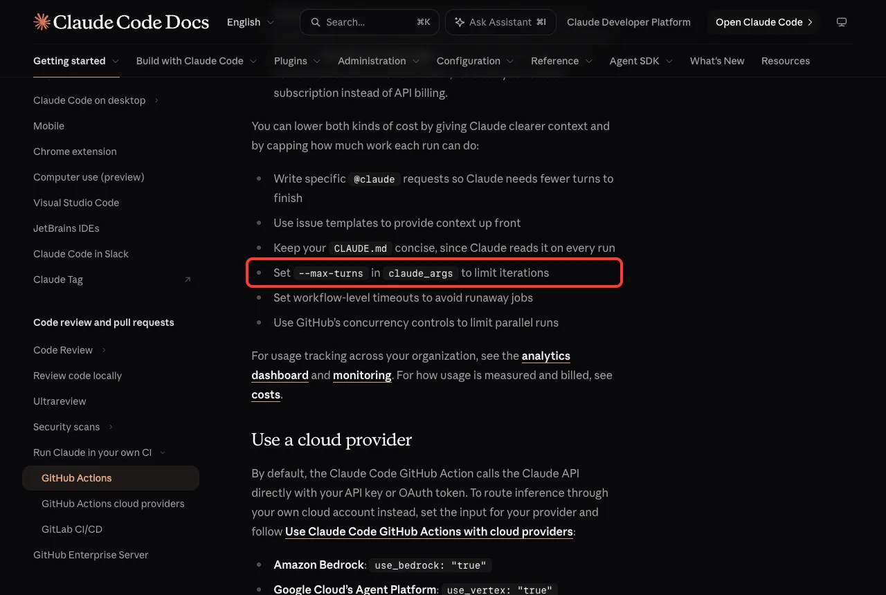 Anthropic documentation list of ways to lower cost with the --max-turns in claude_args item highlighted