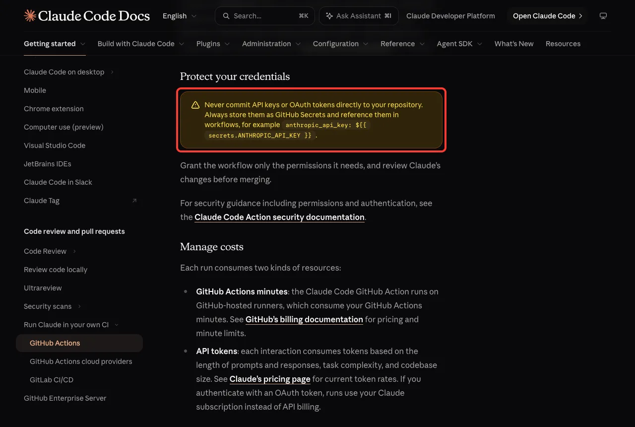 Anthropic documentation warning to never commit API keys or OAuth tokens and to use GitHub Secrets instead