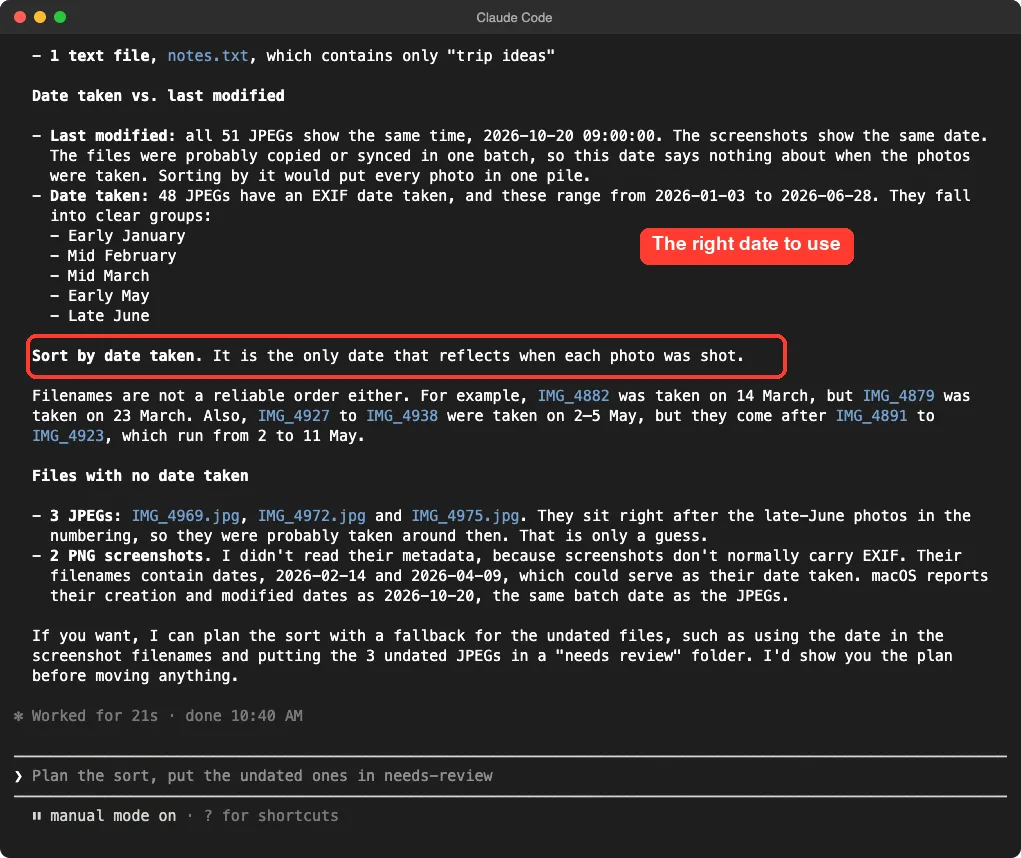 Claude Code answer saying all 51 JPEGs share the same last modified time, 48 have a date taken between January and June 2026, and recommending sorting by date taken