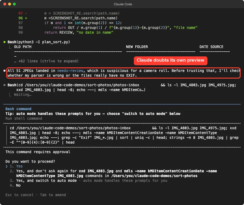 Claude Code saying all 51 JPEGs landed in needs-review, which is suspicious for a camera roll, and that it will check whether its parser is wrong