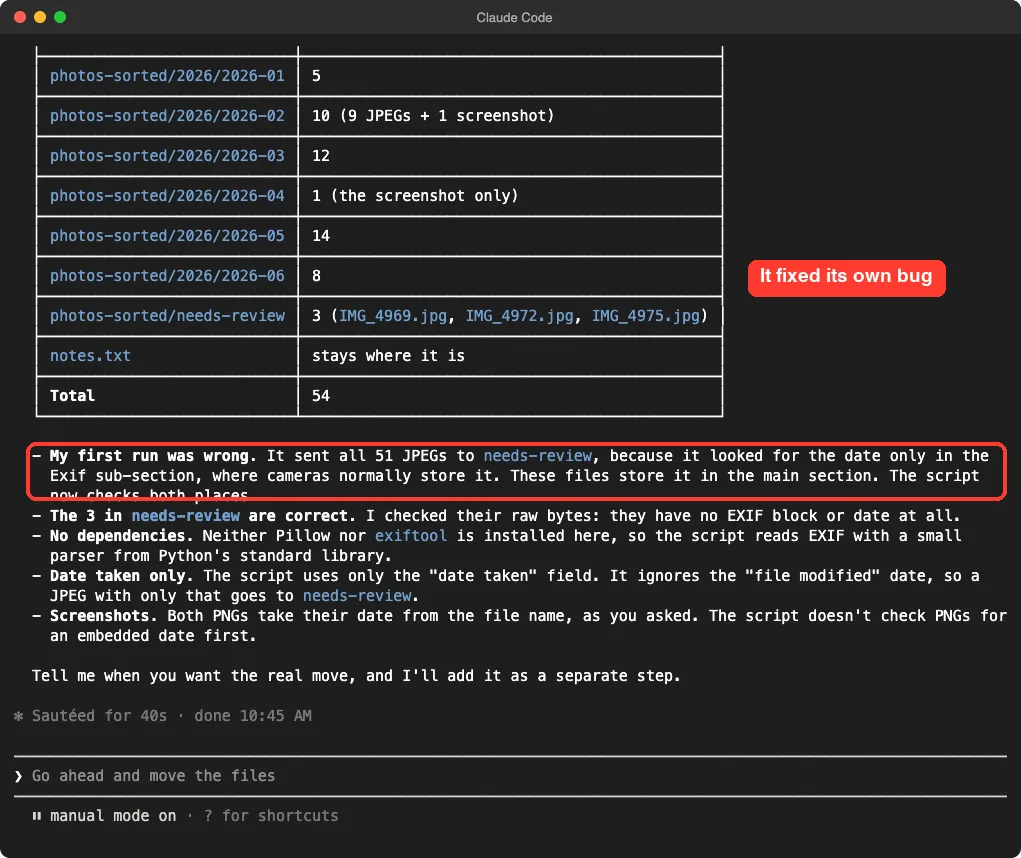 Claude Code's corrected summary table of folder counts, with the note that its first run was wrong and the script now checks both places
