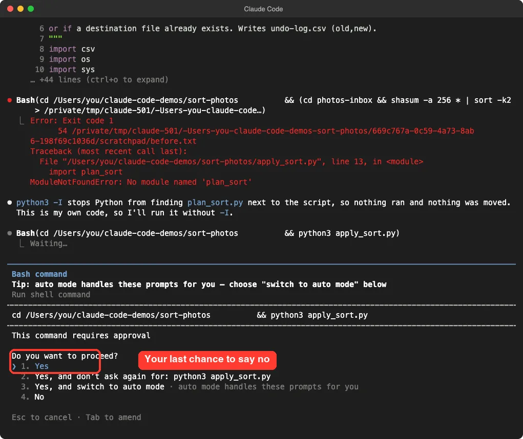 Claude Code permission prompt to run python3 apply_sort.py, with the question Do you want to proceed and options Yes, Yes and don't ask again, Yes and switch to auto mode, and No