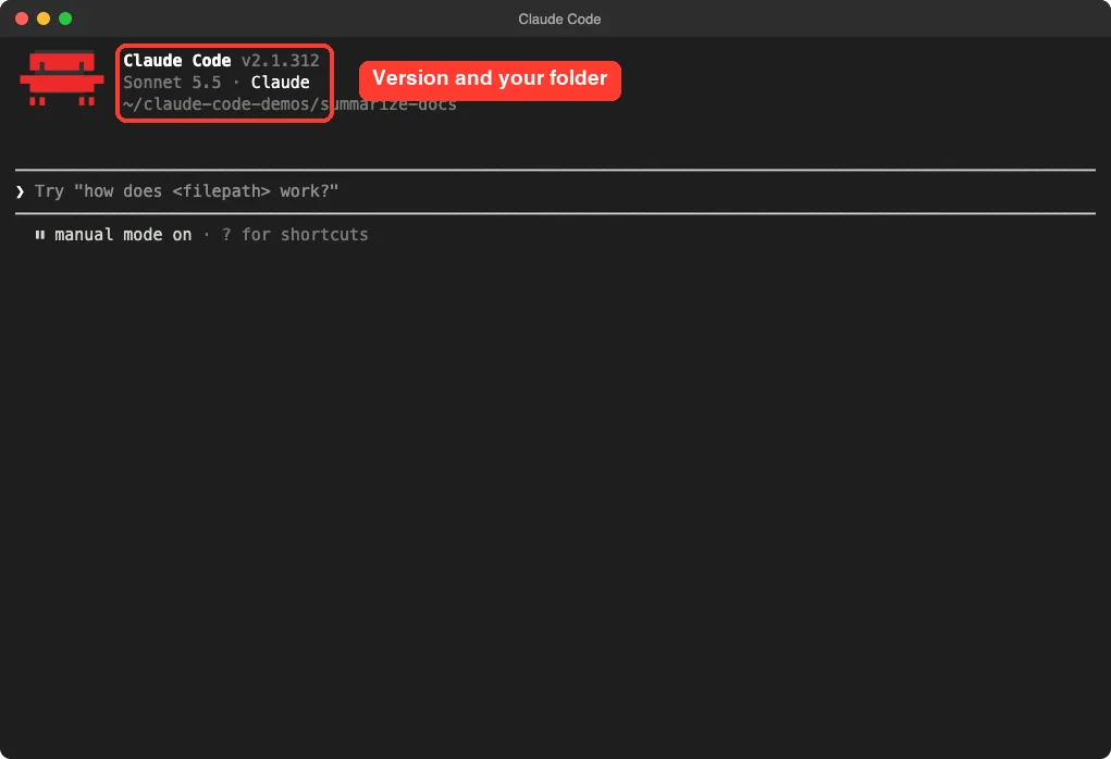 Claude Code start screen showing the version number, the model name and the demo folder path, with the version and folder highlighted