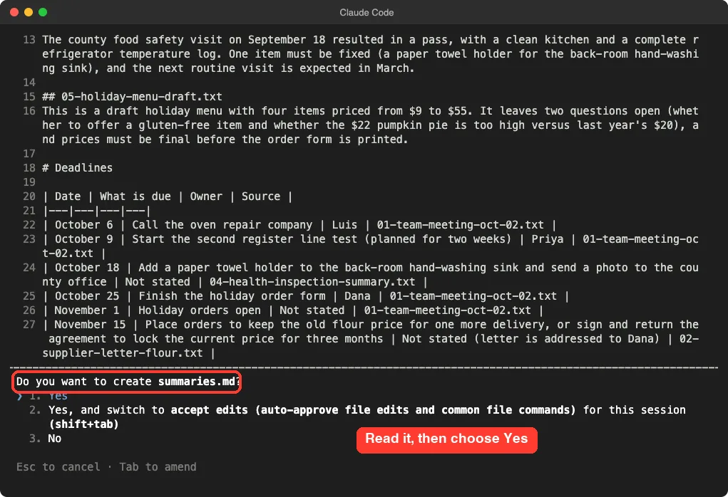 Claude Code showing the full summaries file with line numbers and the question Do you want to create summaries.md, with three answer choices, the question highlighted