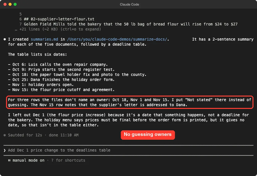 Claude Code explaining it created summaries.md with six dates, and that three rows have no named owner so it wrote Not stated instead of guessing, with that paragraph highlighted