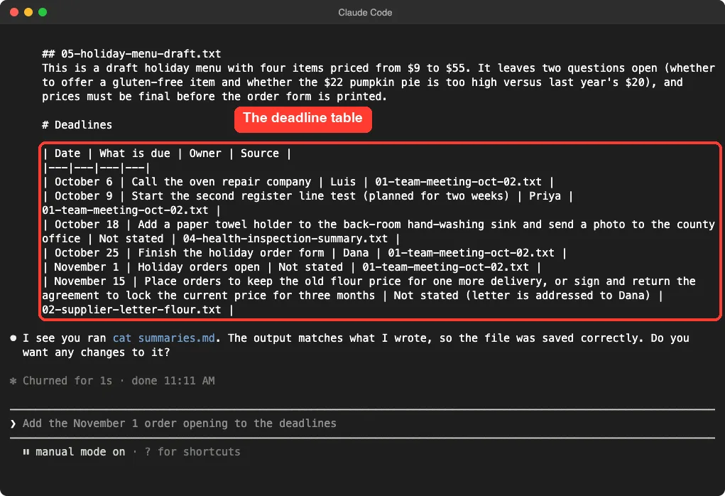 Terminal showing the saved summaries file with the last summary and a deadline table with six rows listing date, what is due, owner and source file, with the table highlighted