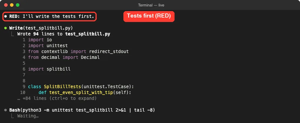 Superpowers in Claude Code writing the tests first in the RED step