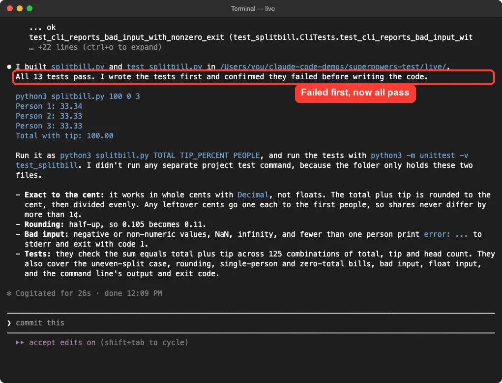 Superpowers Claude Code summary showing all tests pass after failing first