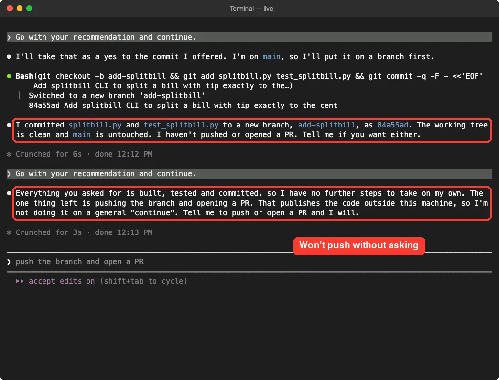 Superpowers committing to a new git branch and refusing to push without asking