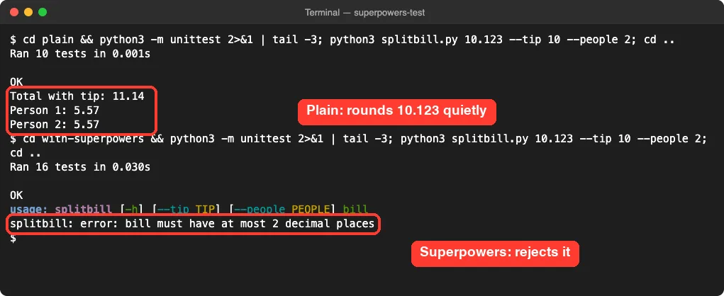 Plain Claude Code versus Superpowers results for tests and a 10.123 bill