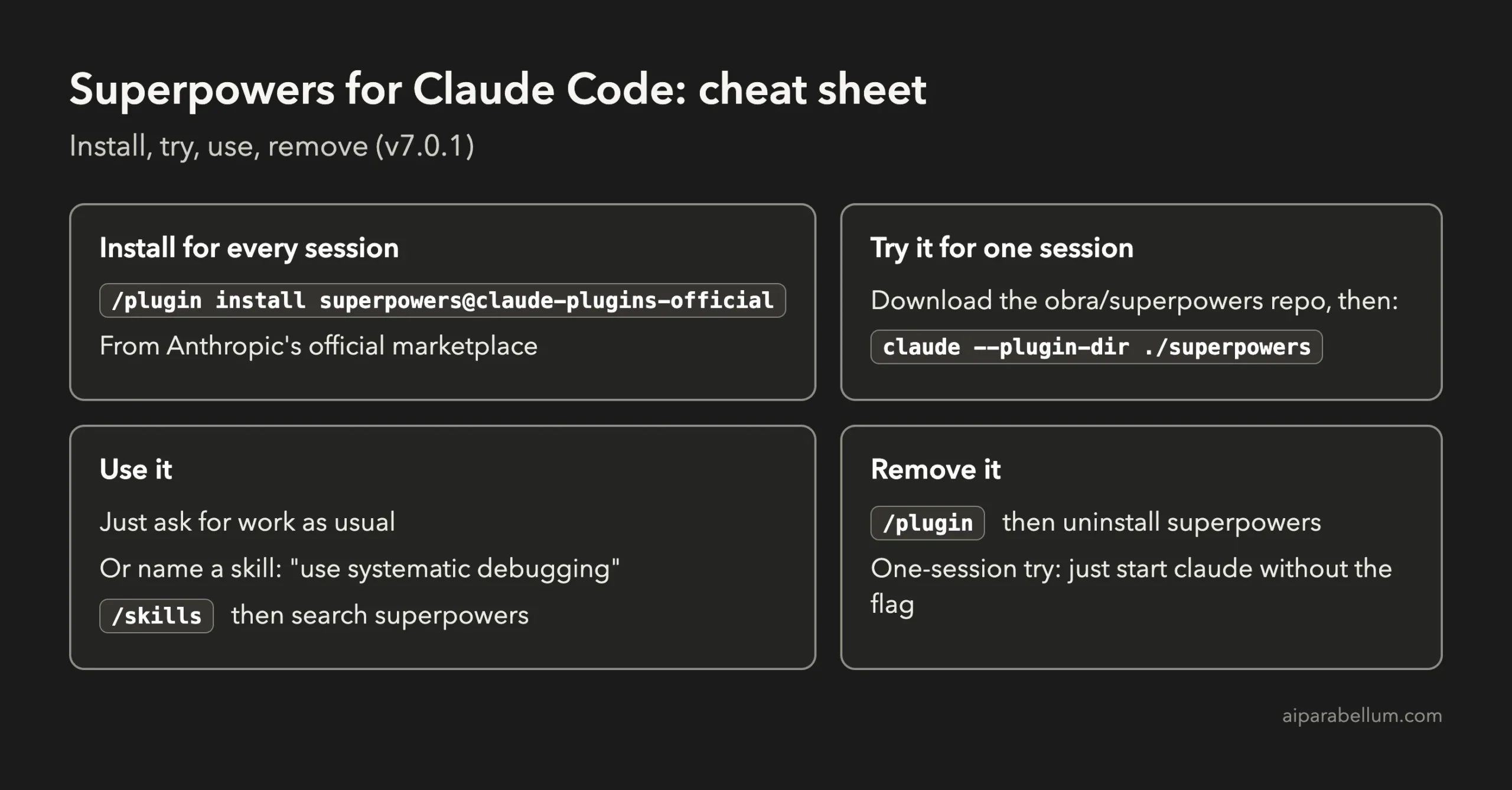 Superpowers Claude Code cheat sheet with install, try, use and remove steps