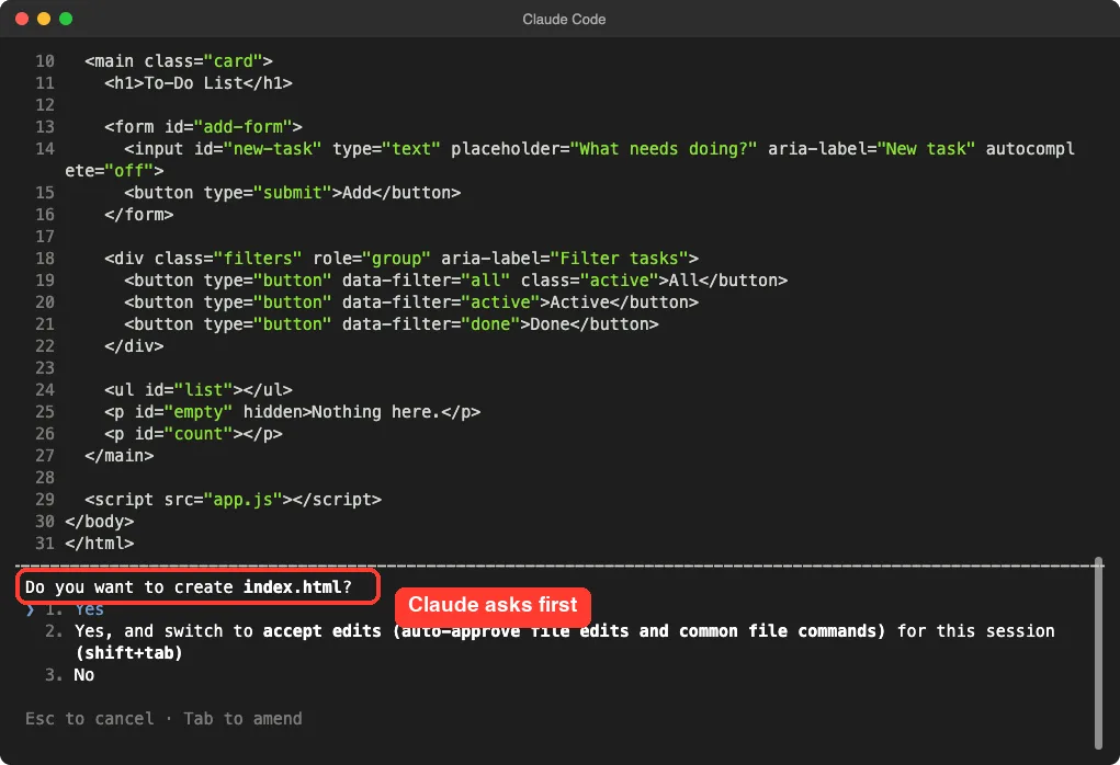 Claude Code asking whether to create index.html with the question highlighted