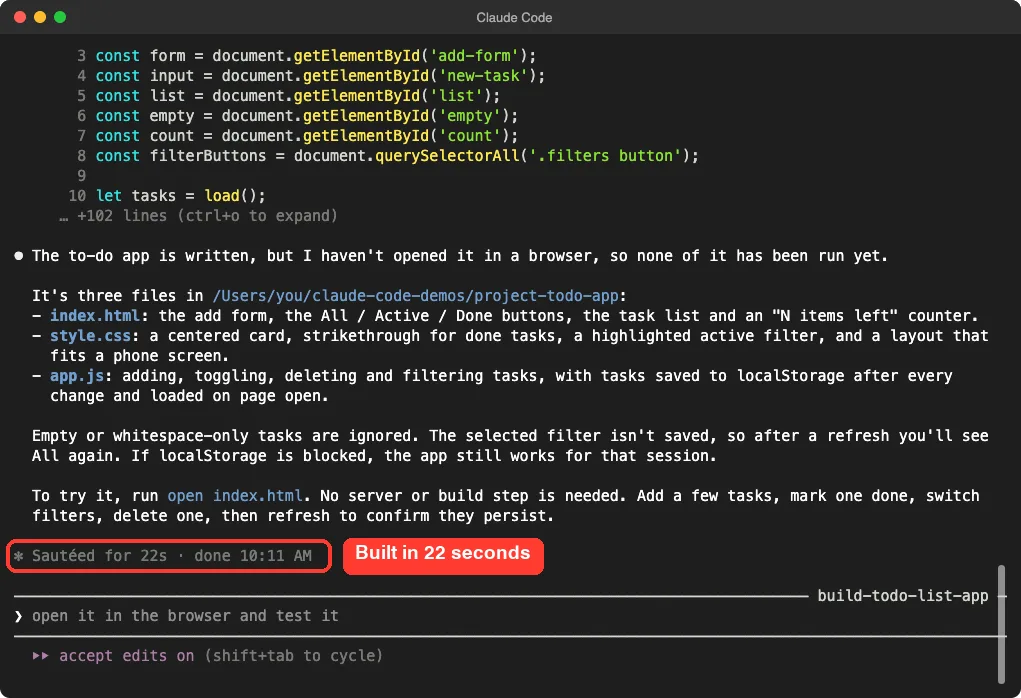 Claude Code summary of the three files it created with the build time highlighted