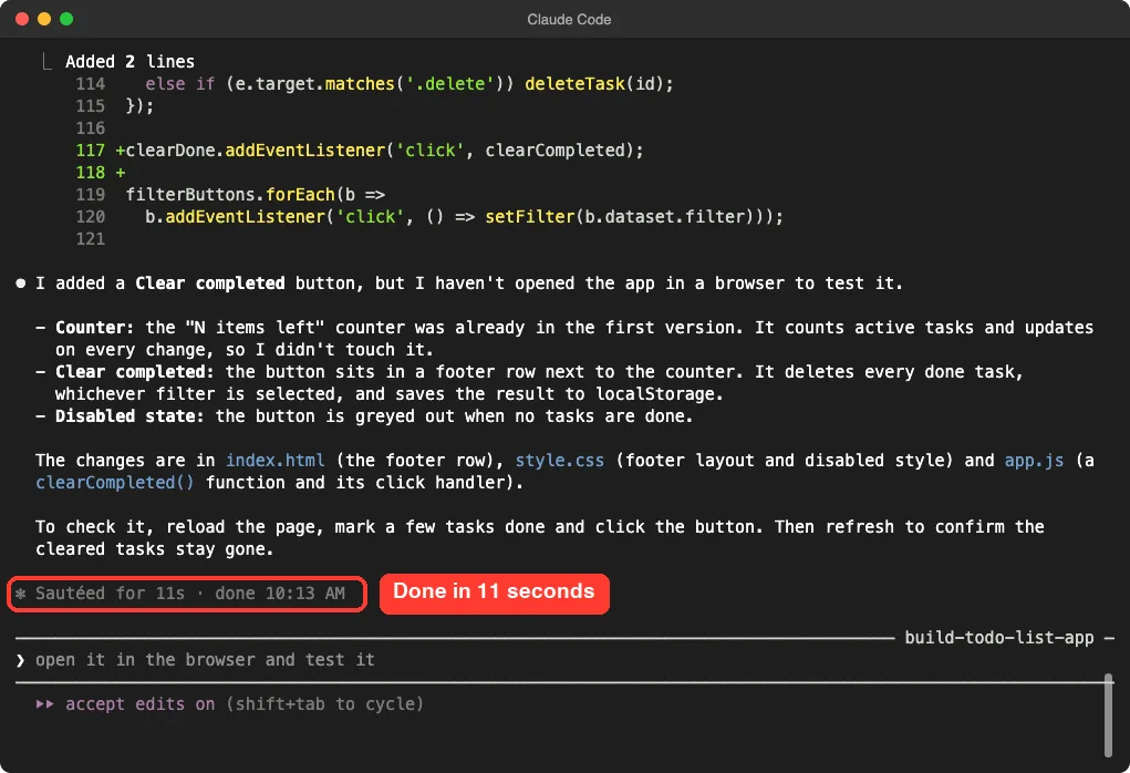 Claude Code explaining that the counter already existed and that it added a Clear completed button