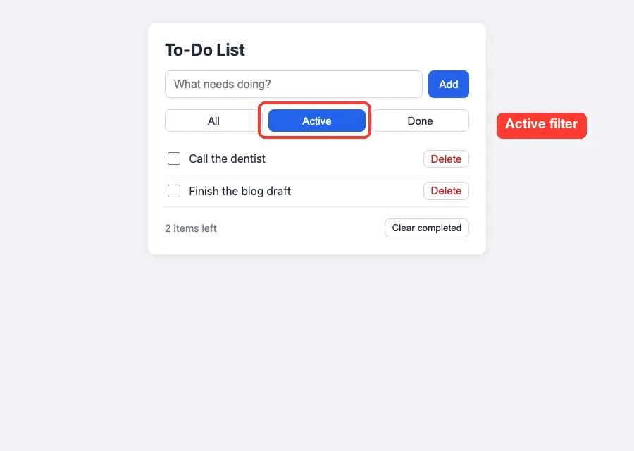 The to-do app showing only the two active tasks after clicking the Active filter