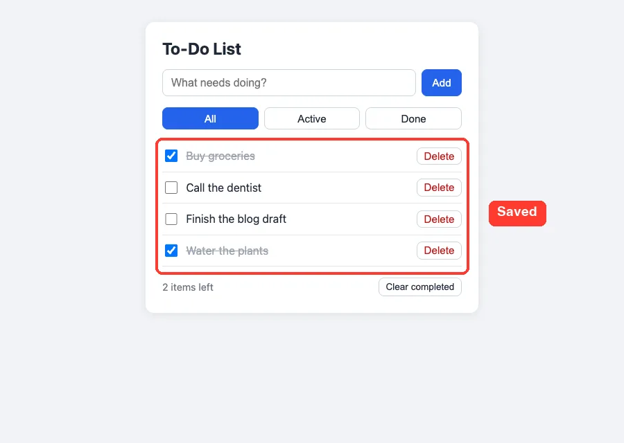 The to-do app after a page reload with all four tasks still in the list