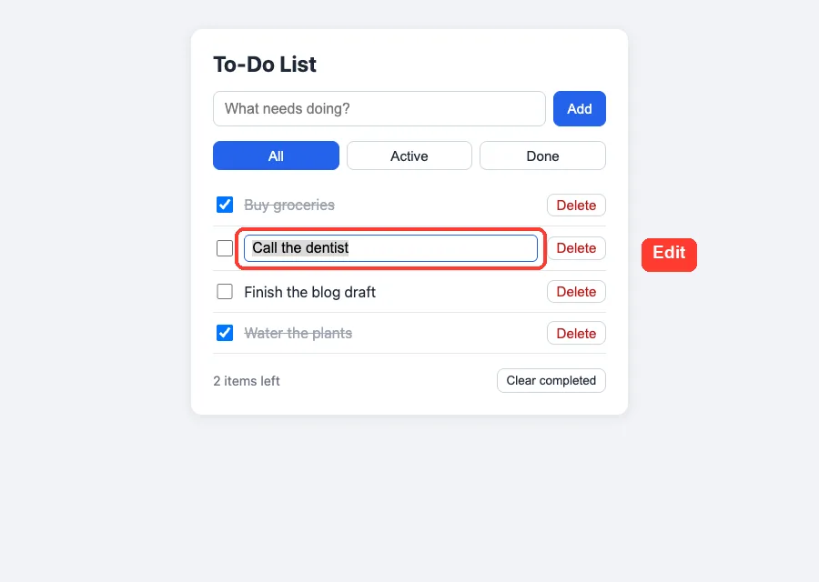 The to-do app with one task turned into an editable text box