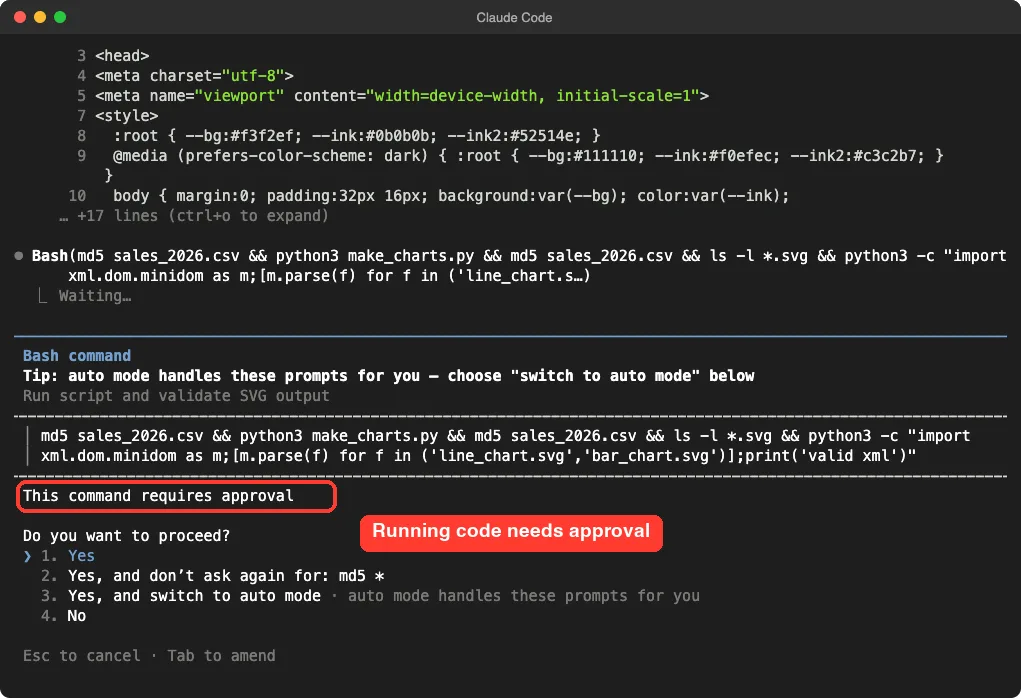 Claude Code asking for approval to run a command that runs make_charts.py, with the approval notice highlighted