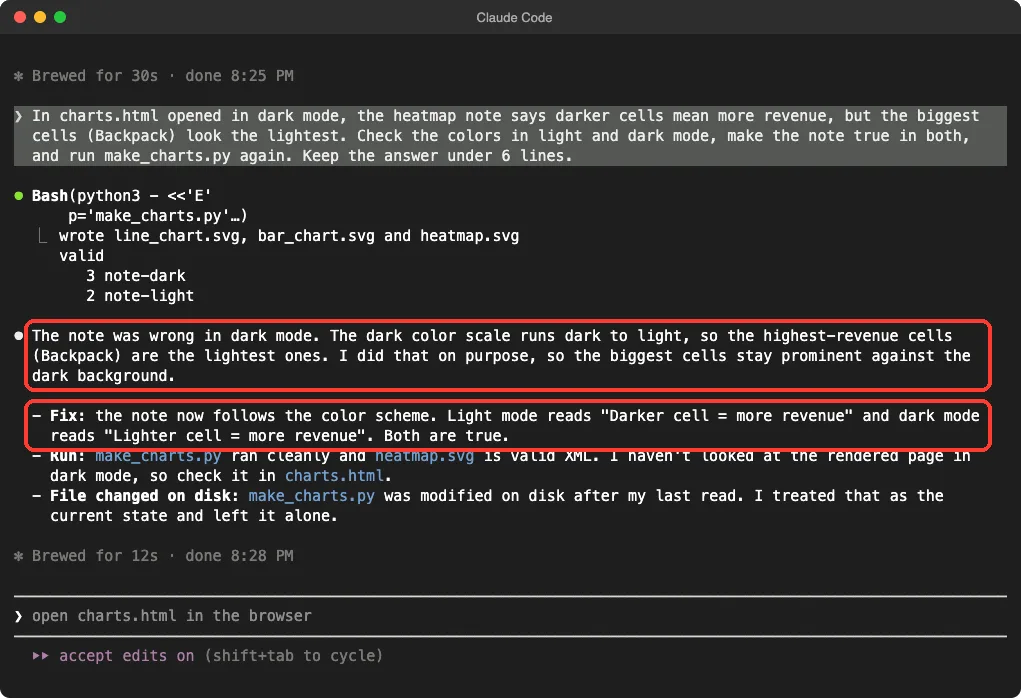 Claude Code explaining that the heatmap note was wrong in dark mode and was fixed so it says darker in light mode and lighter in dark mode