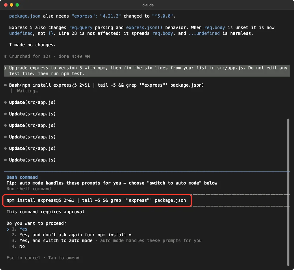 Claude Code asking for approval to run npm install express@5 with choices Yes, Yes and do not ask again for npm install, switch to auto mode, and No