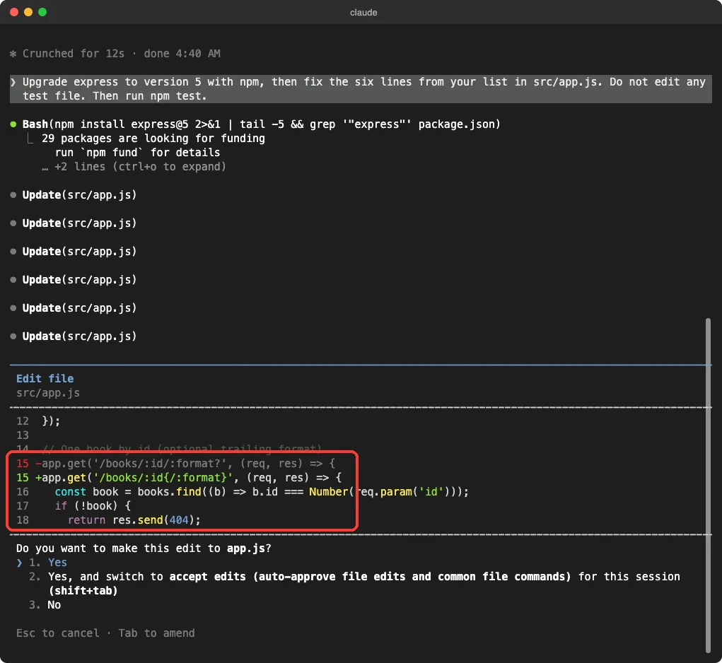 Claude Code edit approval showing the route line changed from /books/:id/:format? to /books/:id{/:format} with a red removed line and a green added line