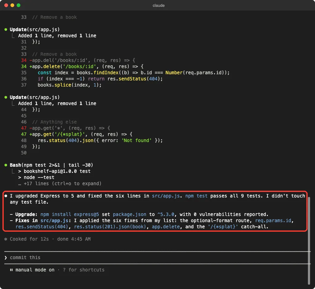 Claude Code summary saying it upgraded Express to 5 and fixed six lines, with npm test passing all 9 tests and no test file touched, plus the diffs for app.delete and the splat catch-all