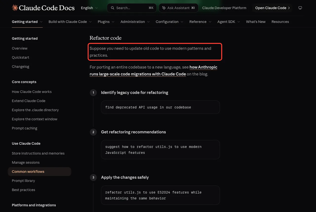 Claude Code docs page Refactor code section with the sentence about updating old code to use modern patterns highlighted and the suggested prompt find deprecated API usage in our codebase