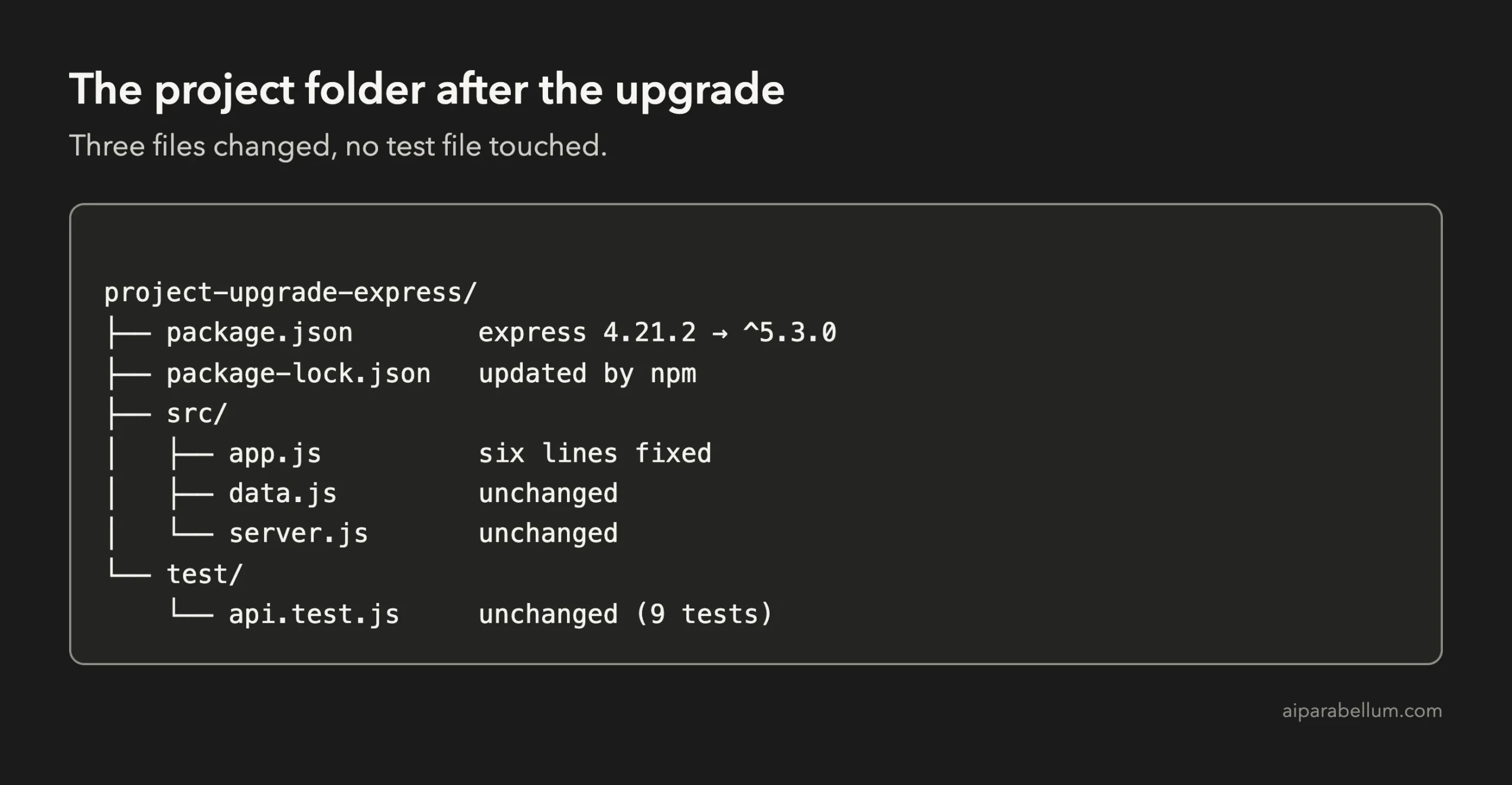 Dark folder tree of the project after the upgrade showing package.json changed from Express 4.21.2 to ^5.3.0, app.js with six lines fixed, and every other file unchanged including the 9 tests