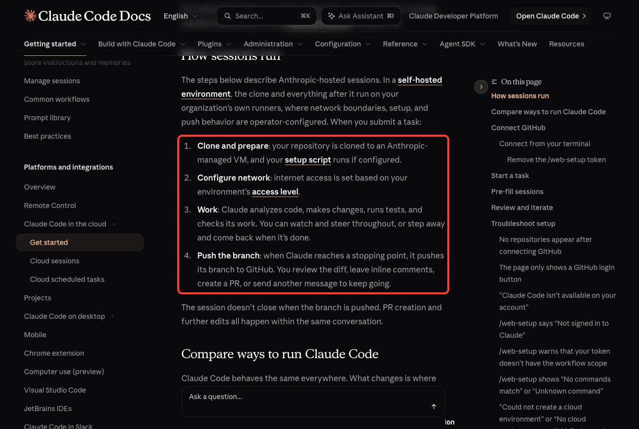 Claude Code docs page showing the four steps of how sessions run: clone and prepare, configure network, work, and push the branch