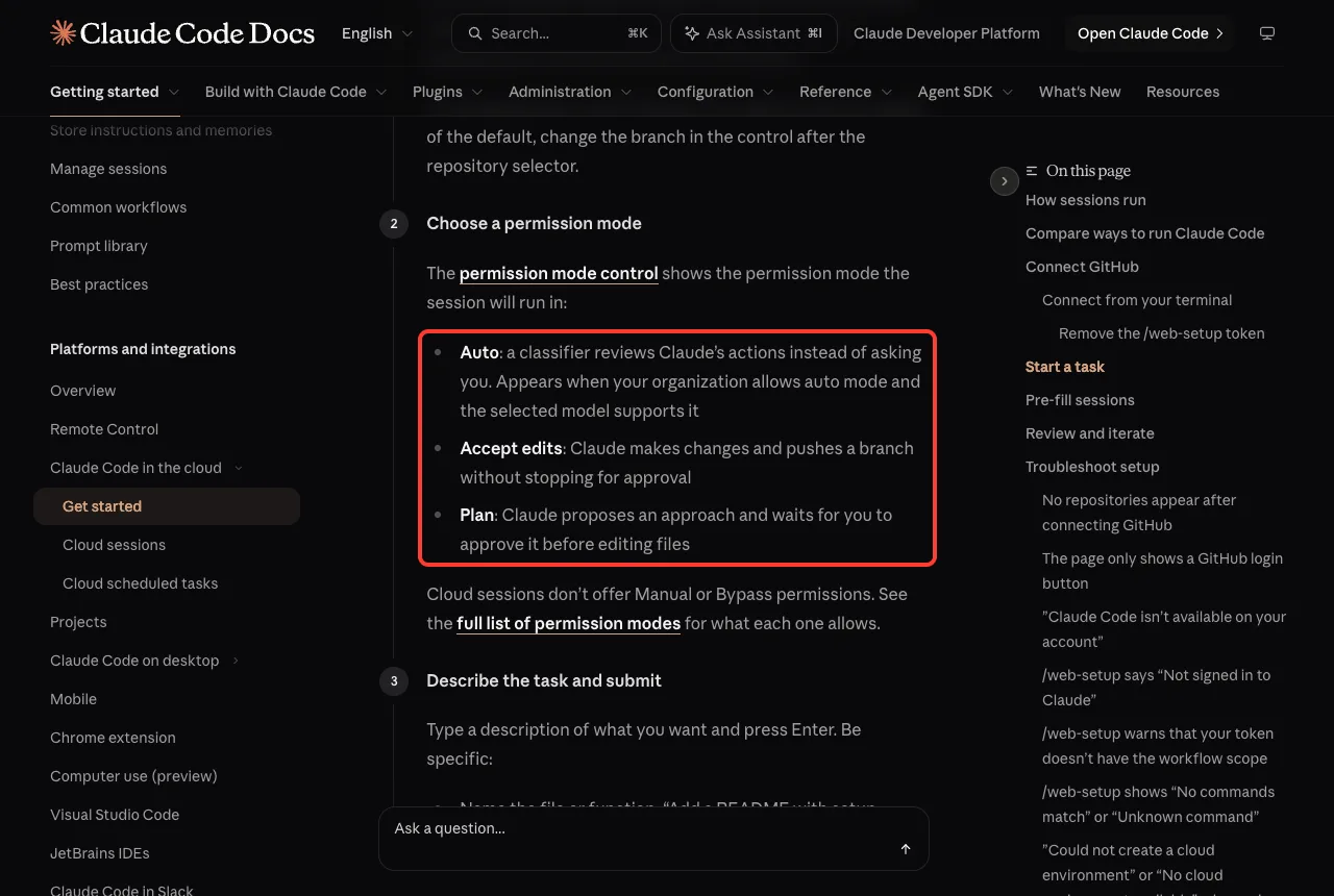 Claude Code docs list of cloud permission modes: Auto, Accept edits and Plan, with a note that Manual and Bypass are not offered