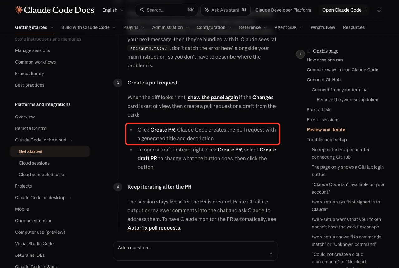 Claude Code docs section on creating a pull request, highlighting that clicking Create PR generates a title and description