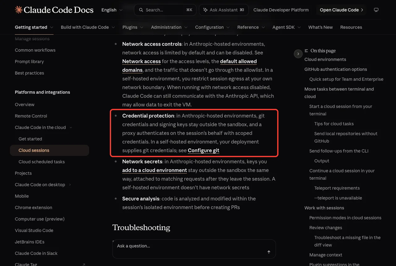 Claude Code docs security list highlighting credential protection, where git credentials stay outside the sandbox