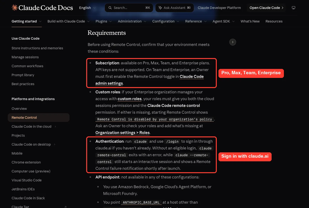 Official Claude Code docs Requirements section with the Subscription and Authentication bullets highlighted in red