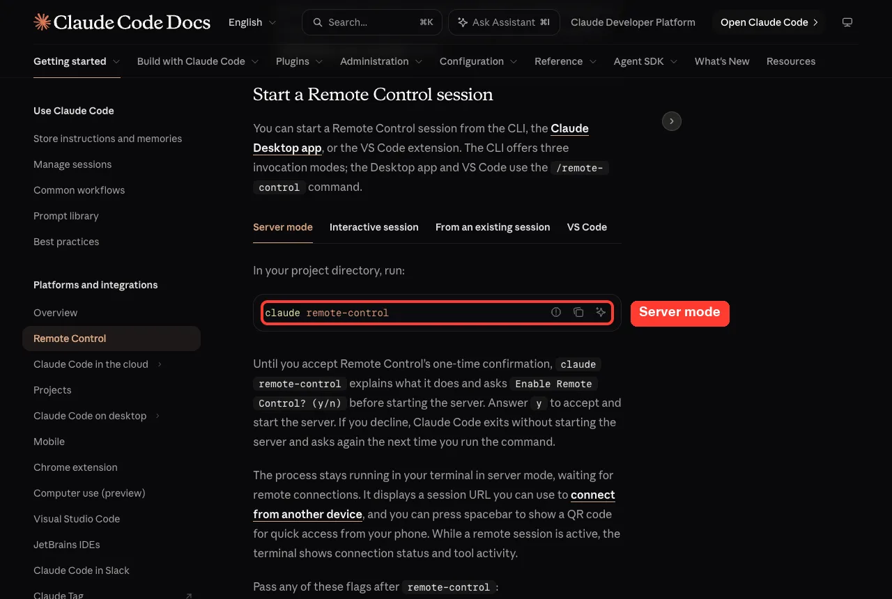 Official docs showing the Server mode tab with the command claude remote-control highlighted in red
