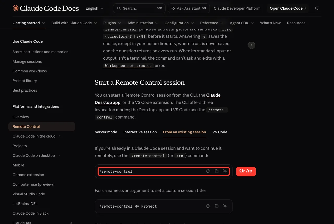 Official docs showing the From an existing session tab with the slash command /remote-control highlighted in red