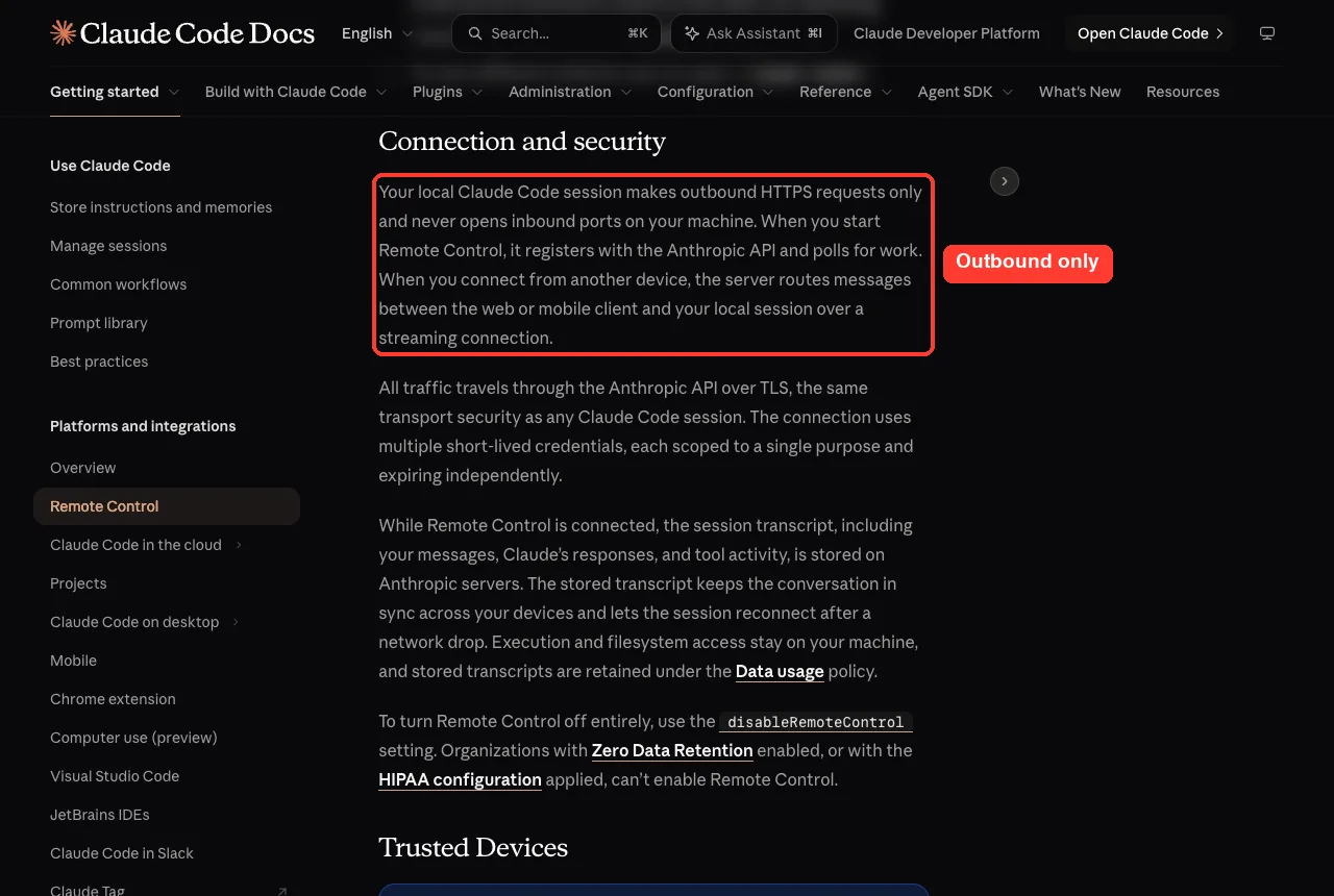 Official docs Connection and security section with the paragraph about outbound HTTPS requests highlighted in red