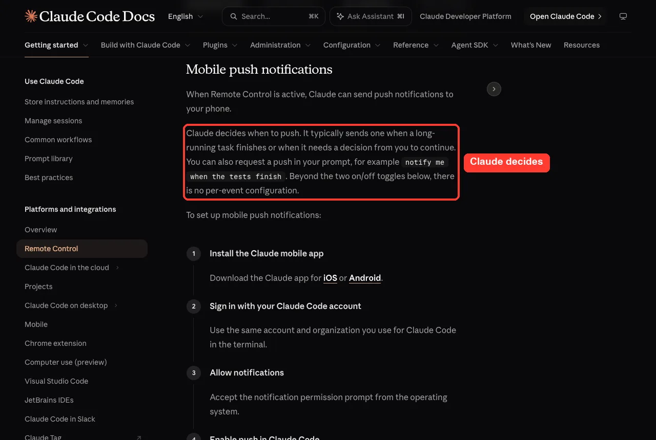 Official docs Mobile push notifications section with the paragraph explaining when Claude sends pushes highlighted in red