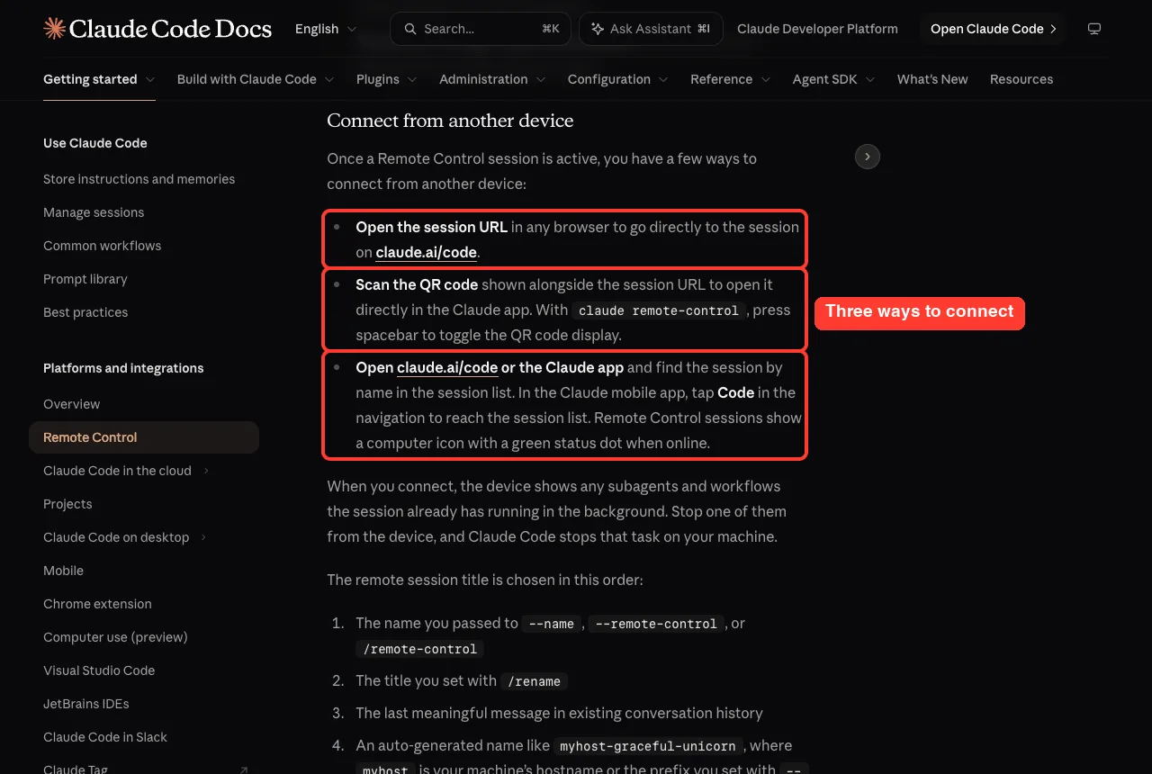 Official docs Connect from another device section with the three ways to connect highlighted in red