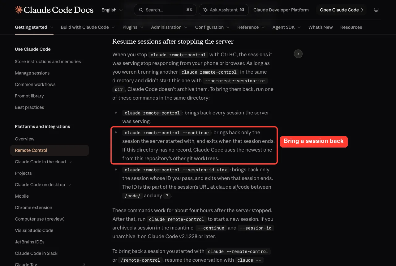 Official docs section on resuming sessions after stopping the server with the claude remote-control --continue entry highlighted in red