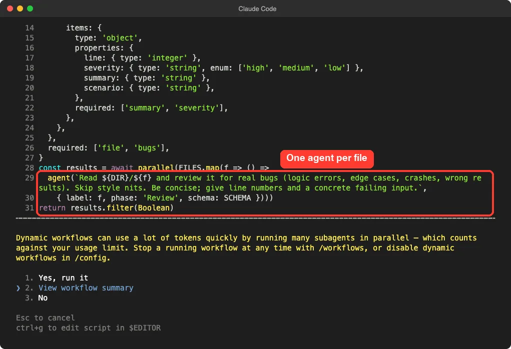 Claude Code terminal showing the raw workflow script with a parallel call that starts one agent for each file