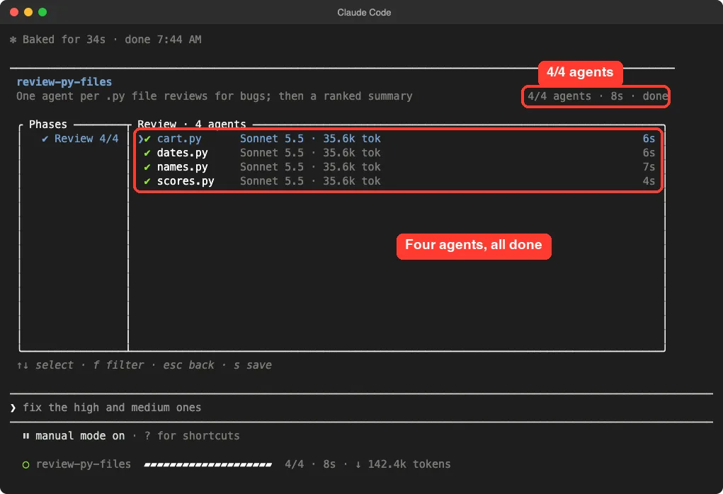Claude Code workflows progress view showing a Review phase with four agents, cart.py, dates.py, names.py and scores.py, all completed