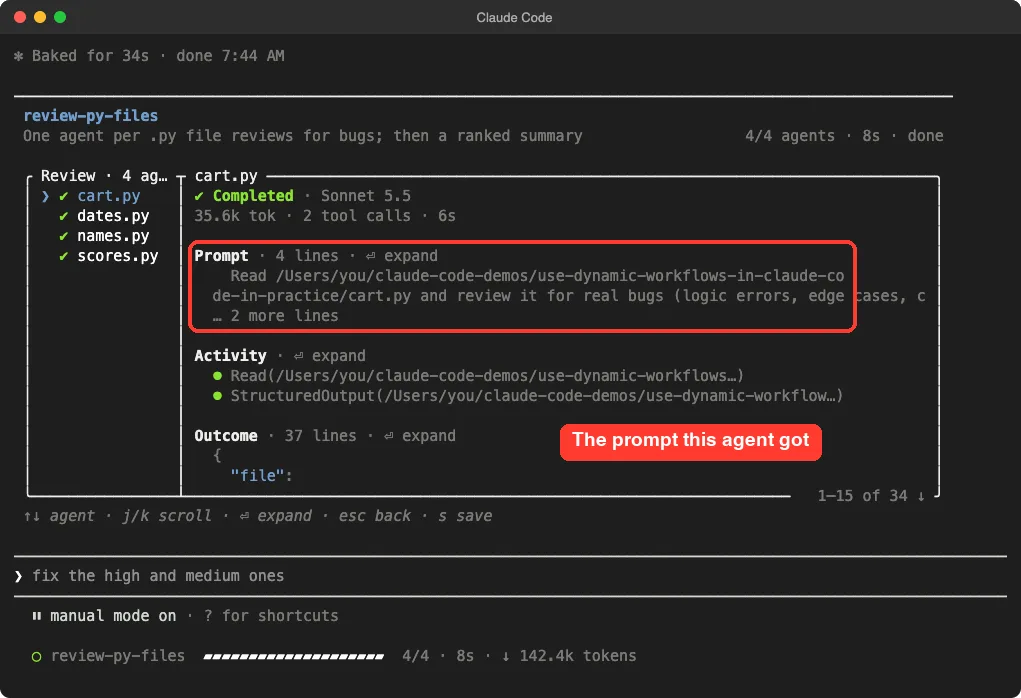 Claude Code agent detail for cart.py showing the prompt, activity with a read call, and the start of the outcome