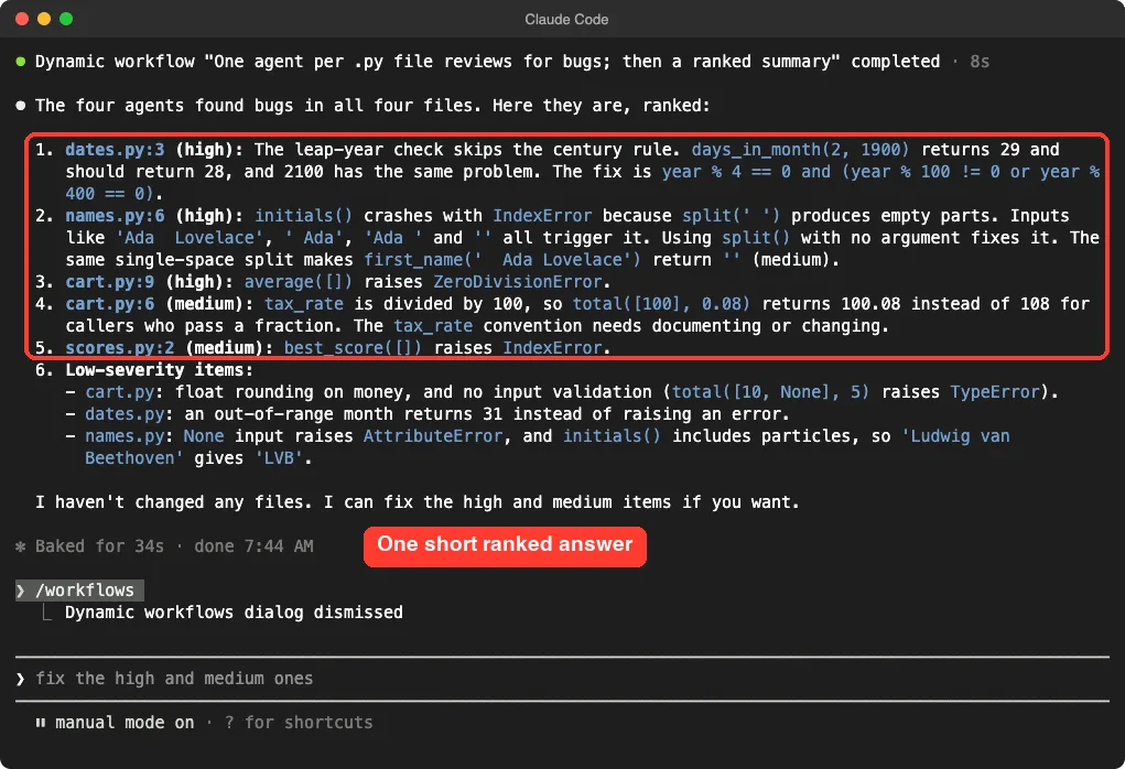 Claude Code terminal listing five ranked bugs found by the four agents, starting with a leap-year problem in dates.py